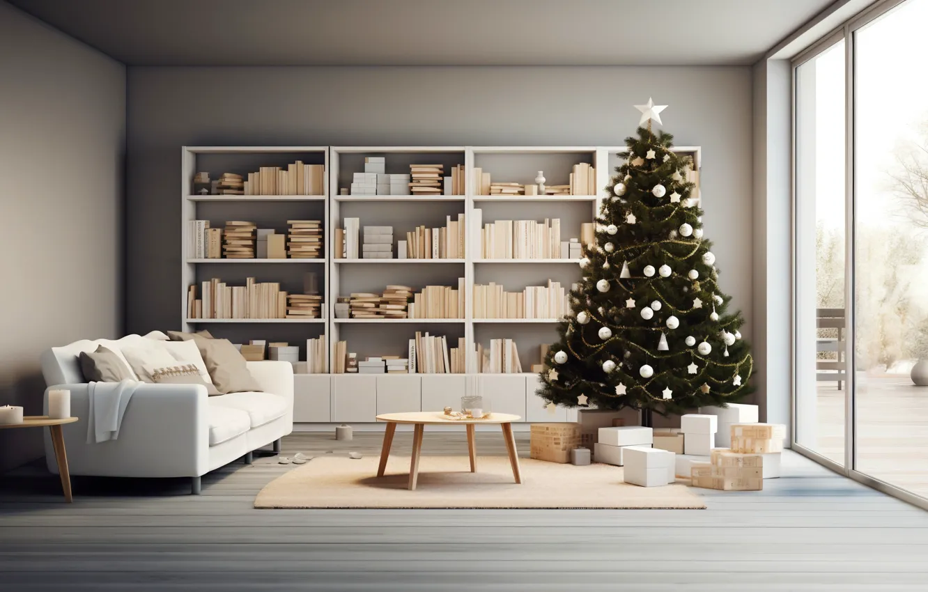 Photo wallpaper decoration, room, balls, tree, new year, home, interior, Christmas