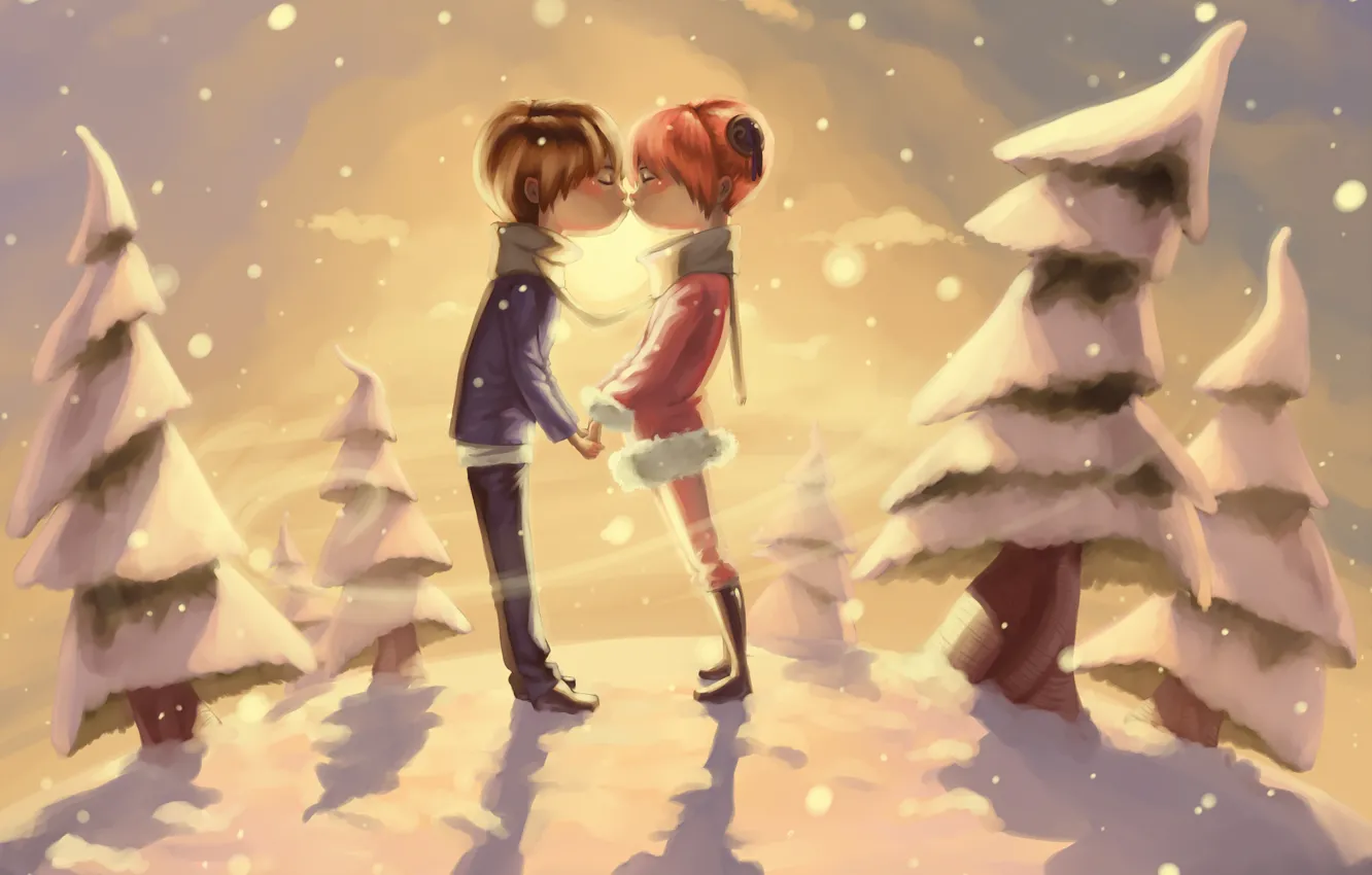 Photo wallpaper winter, snow, trees, romance, kiss, pair