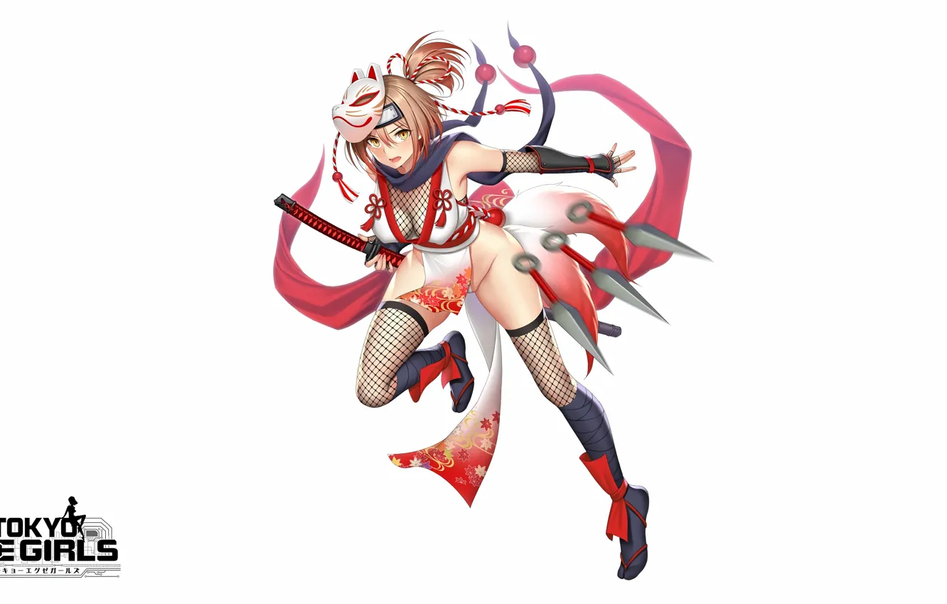 Photo wallpaper girl, sword, sexy, cleavage, thighhighs, dress, brown hair, boobs