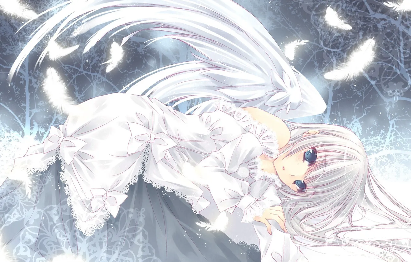 Photo wallpaper wings, angel, dress, art, girl, white hair, lying, Akira hayase