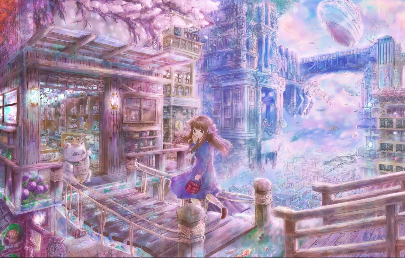 Photo wallpaper water, bridge, the city, fiction, ship, fish, art, girl