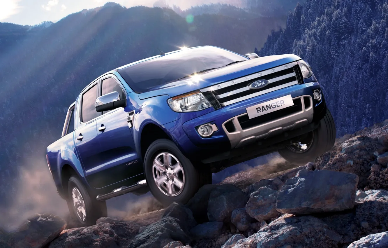 Photo wallpaper the sky, mountains, blue, stones, Ford, jeep, Ford, pickup