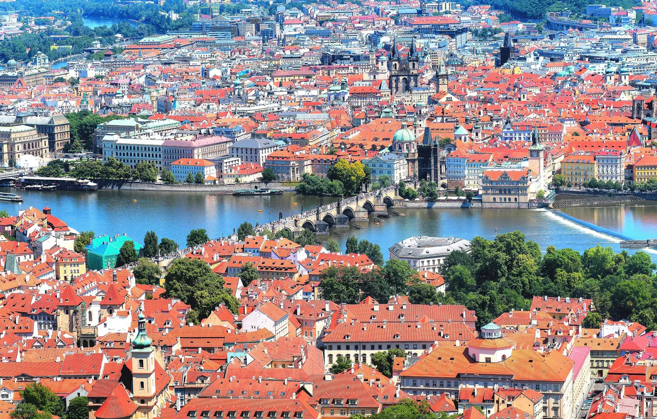 Photo wallpaper roof, tower, home, Prague, Czech Republic, panorama, Charles bridge, the Vltava river