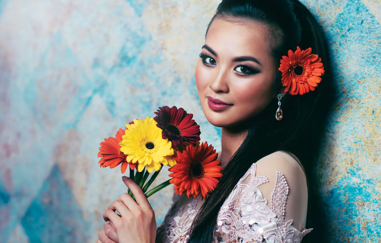 Photo wallpaper decoration, flowers, wall, portrait, bouquet, makeup, brunette, hairstyle
