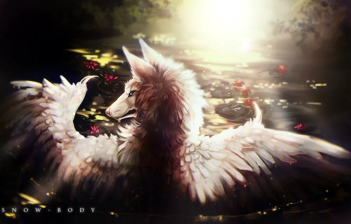 Photo wallpaper nature, pond, wolf, wings, by Snow-Body