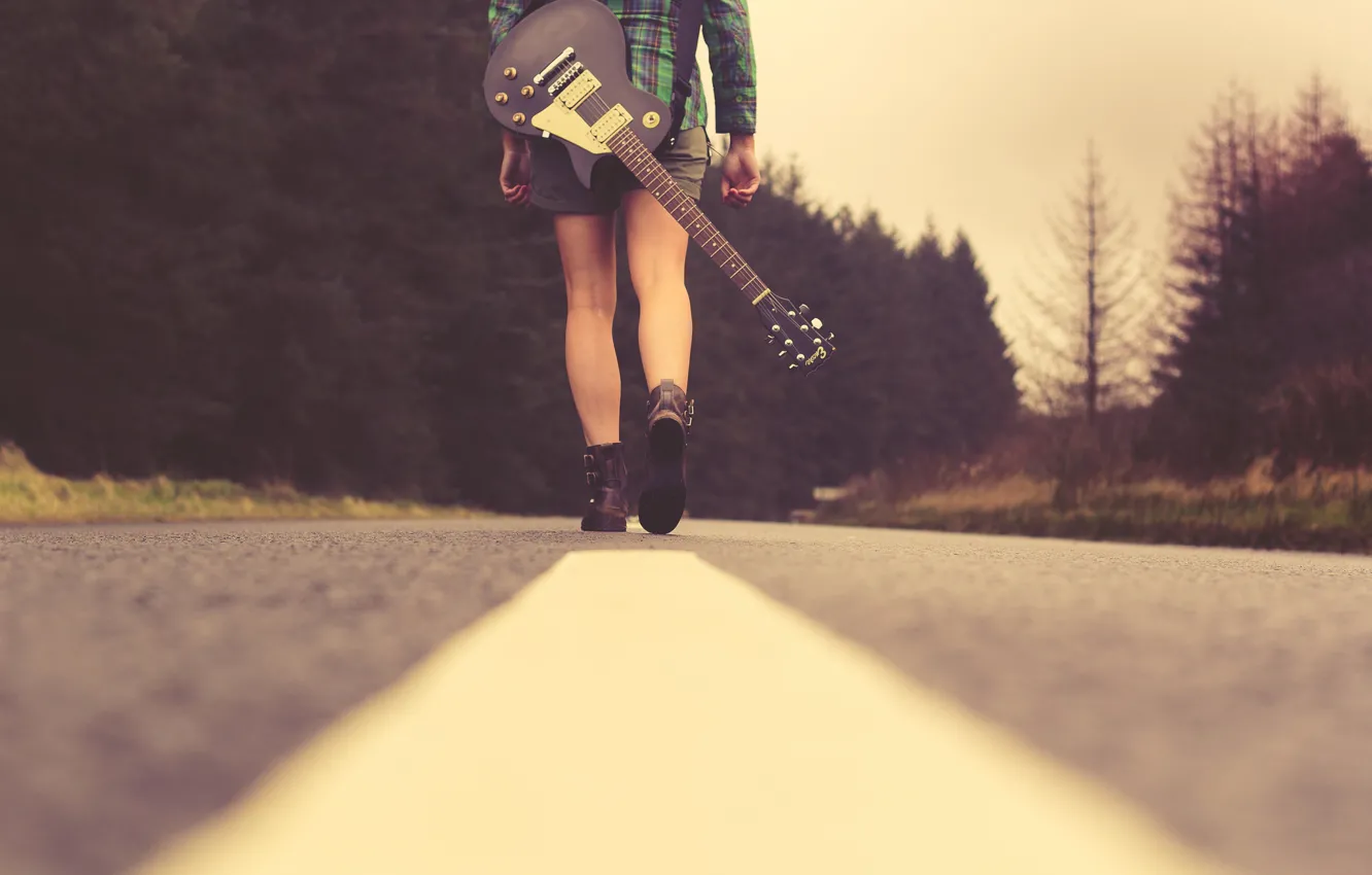 Photo wallpaper road, girl, music, guitar