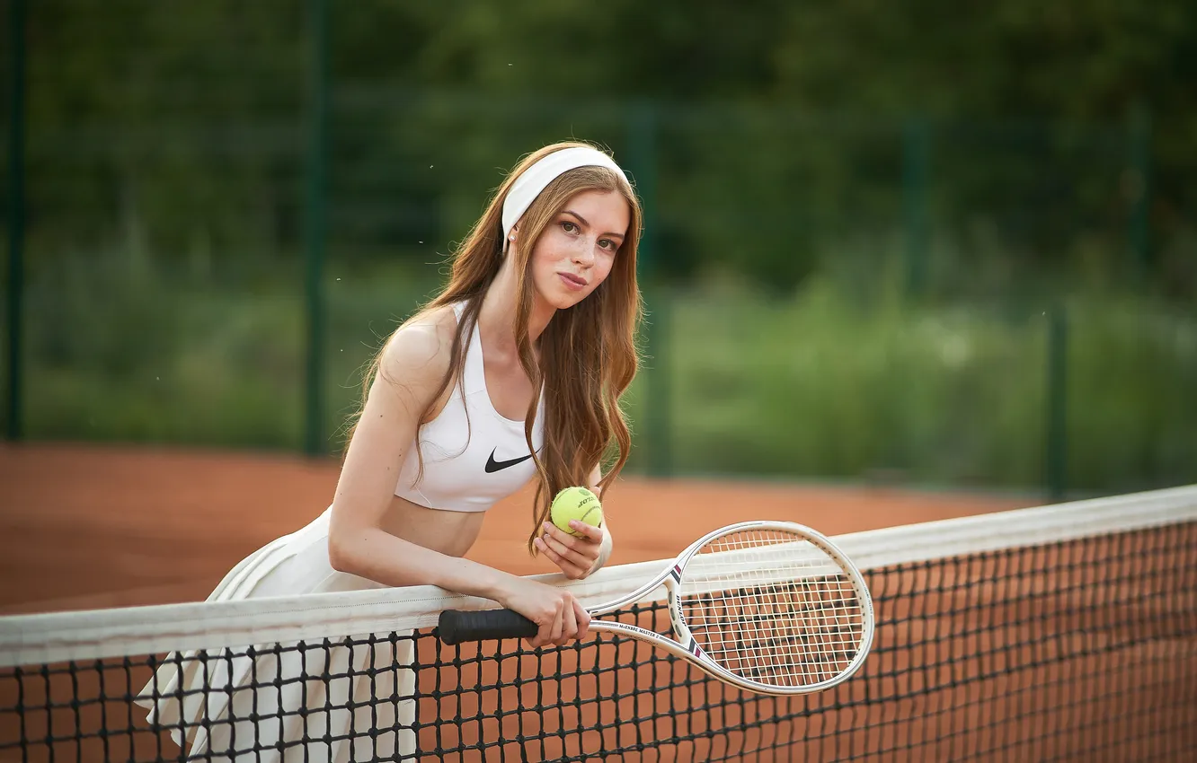 Photo wallpaper girl, pose, model, racket, court