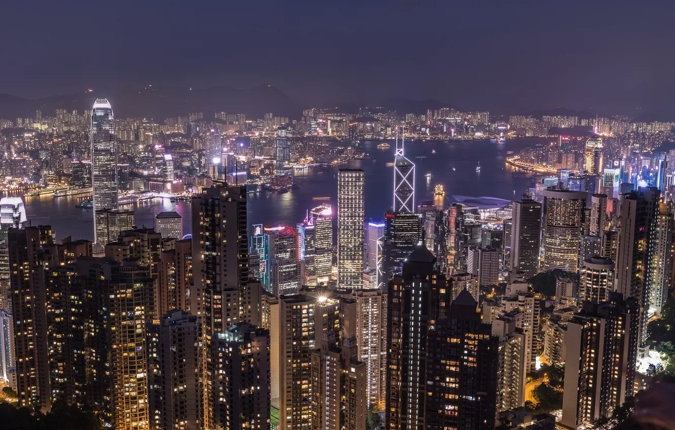 Photo wallpaper night, the city, building, Hong Kong, panorama, China