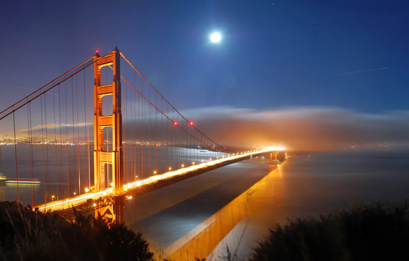 Photo wallpaper sea, water, light, night, bridge, the city, lights, the ocean