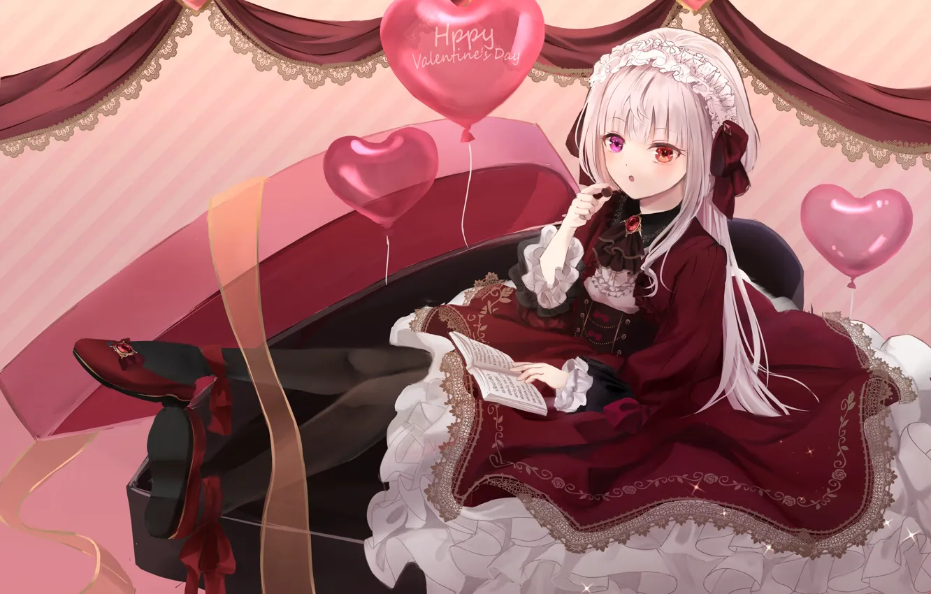 Photo wallpaper girl, box, chocolate, hearts, balloons, Happy Valentines Day