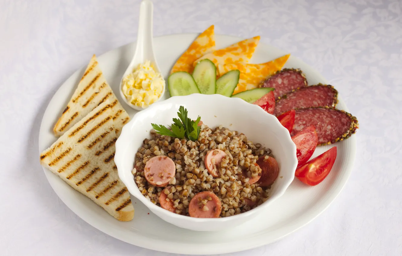 Photo wallpaper sausage, sausage, toast, porridge, buckwheat