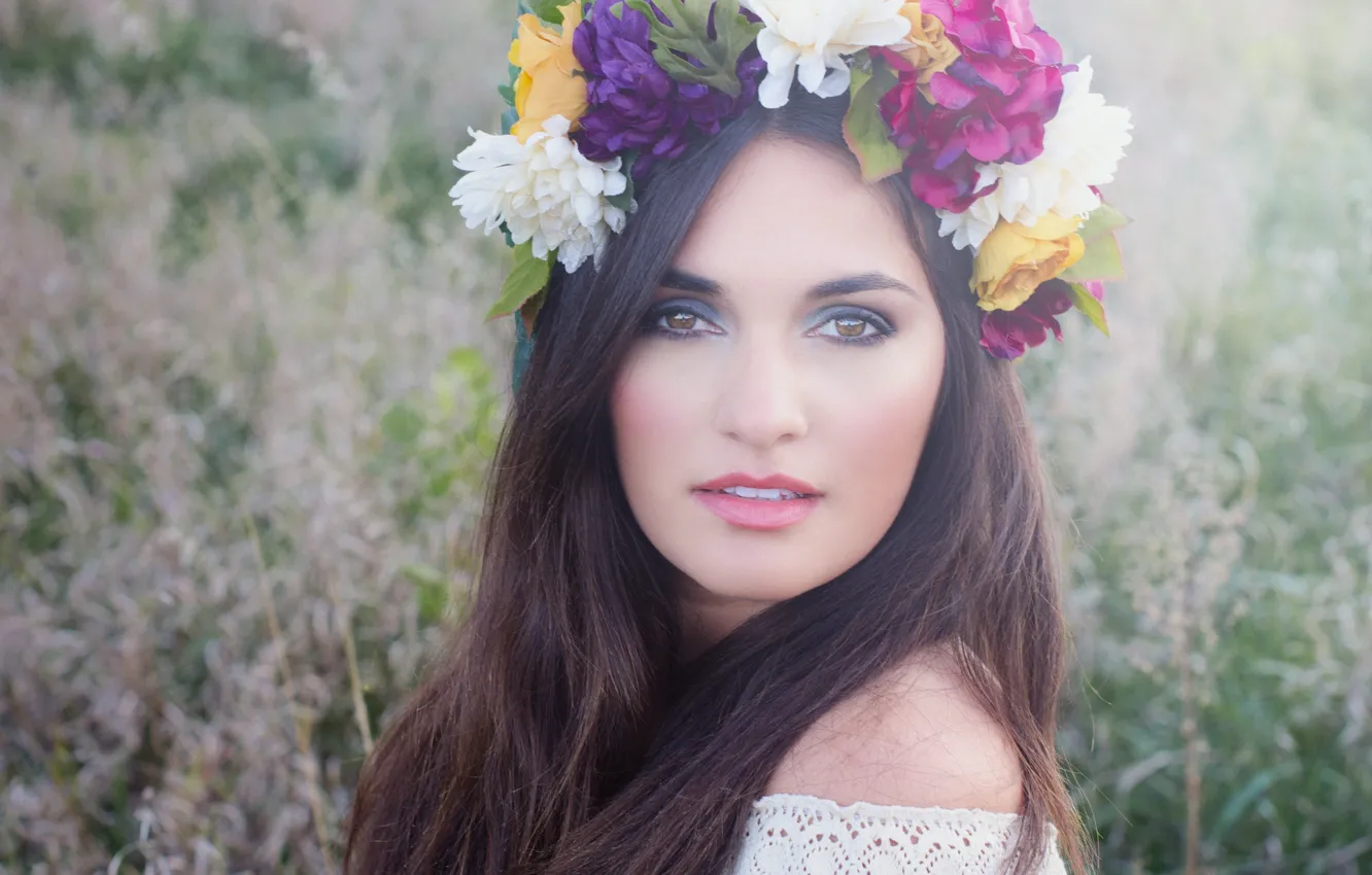 Photo wallpaper look, flowers, face, hair, wreath
