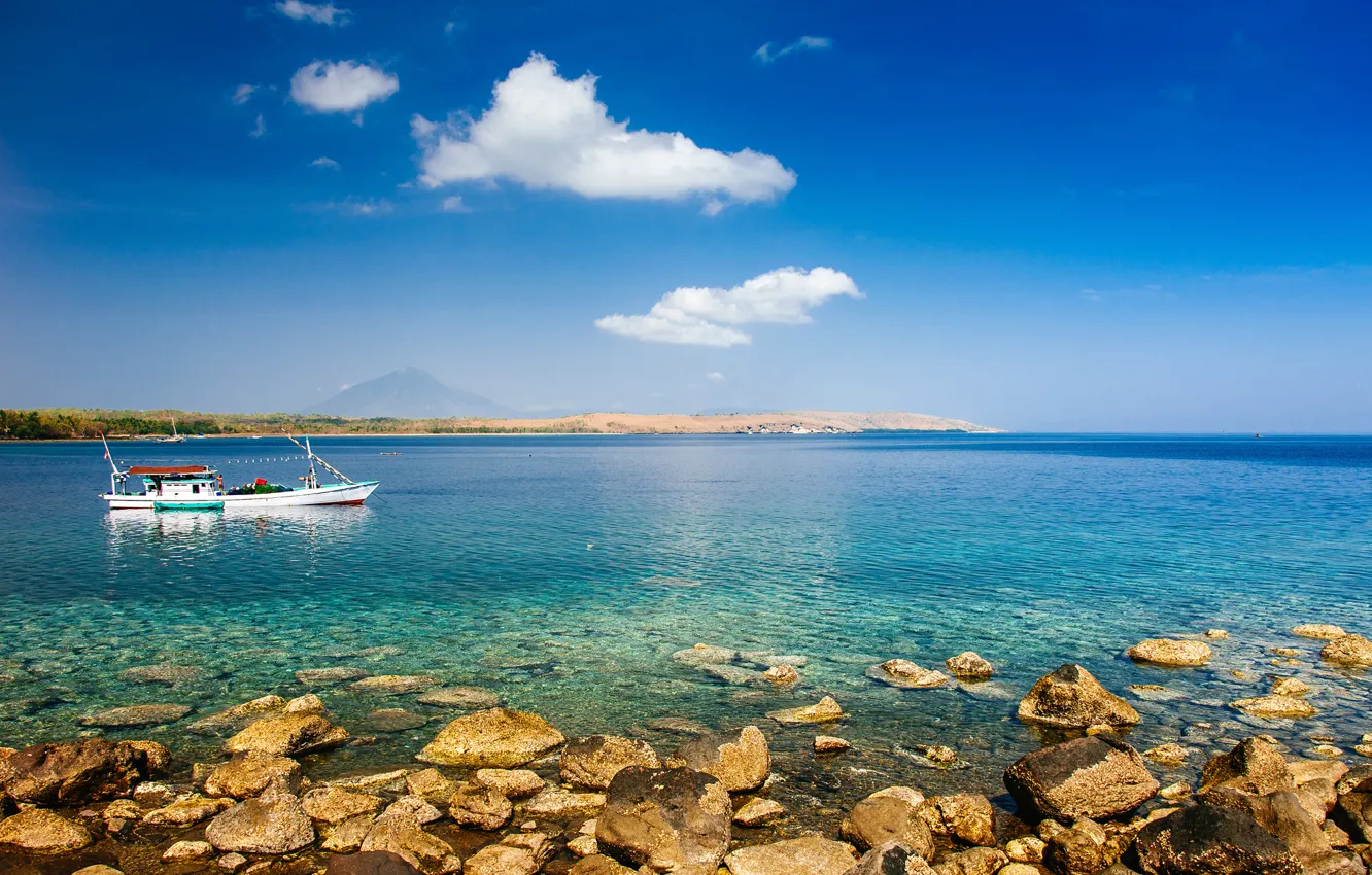Photo wallpaper summer, the sky, clouds, mountains, rocks, coast, boat, Bay