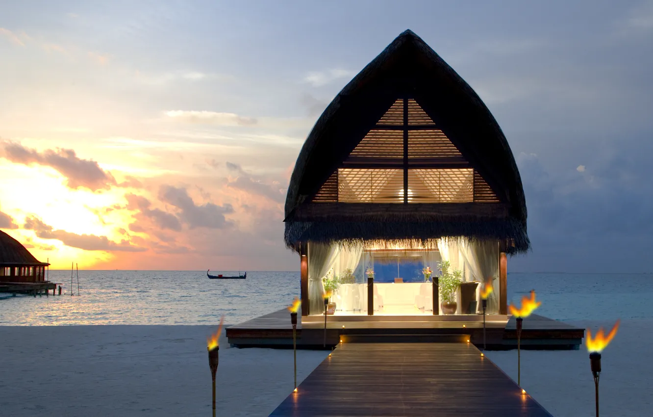 Photo wallpaper sea, beach, the sky, Islands, sunset, boat, The Maldives, Bungalow