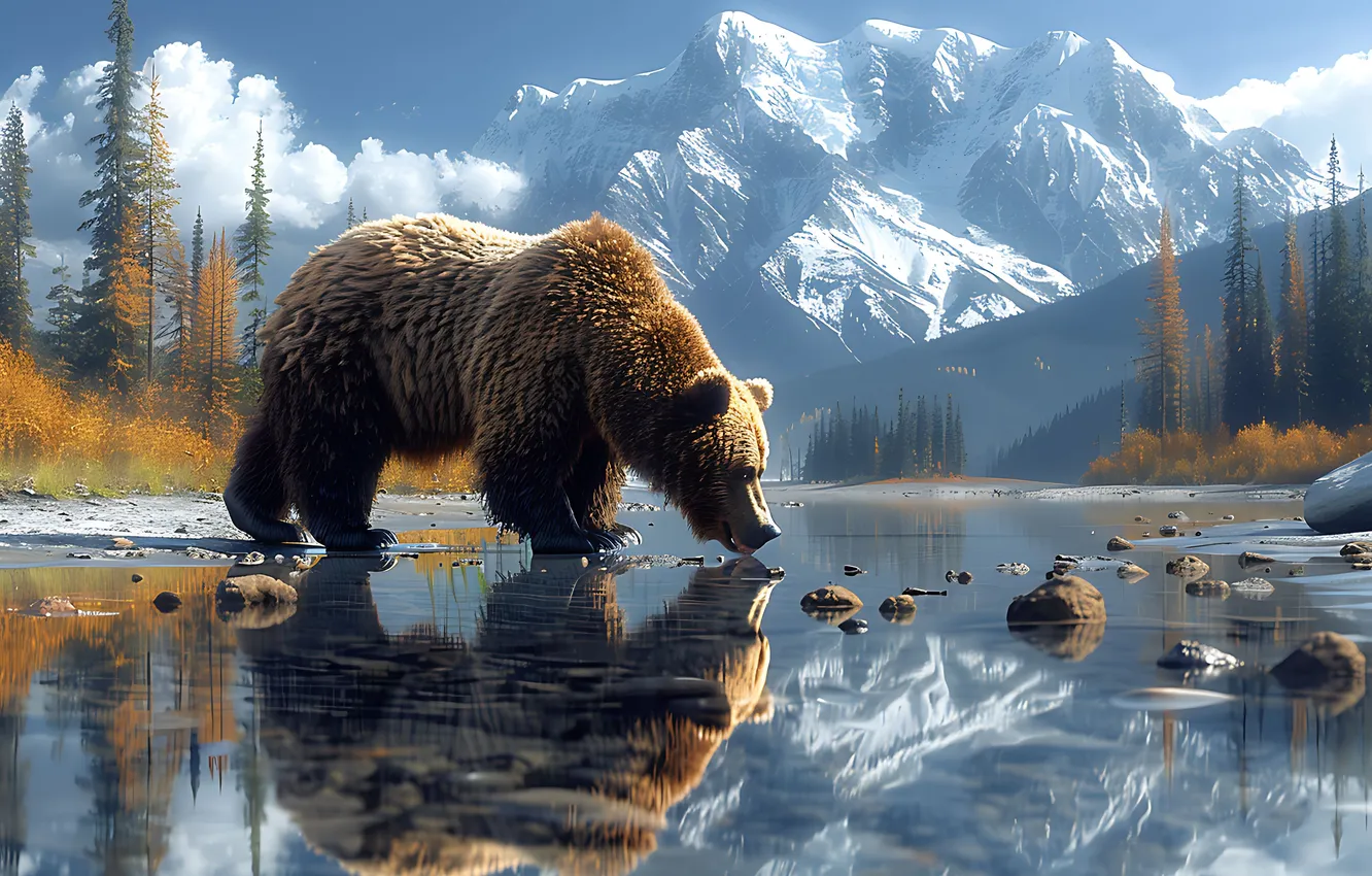 Photo wallpaper water, trees, mountains, predator, bear, river, brown bear, digital art