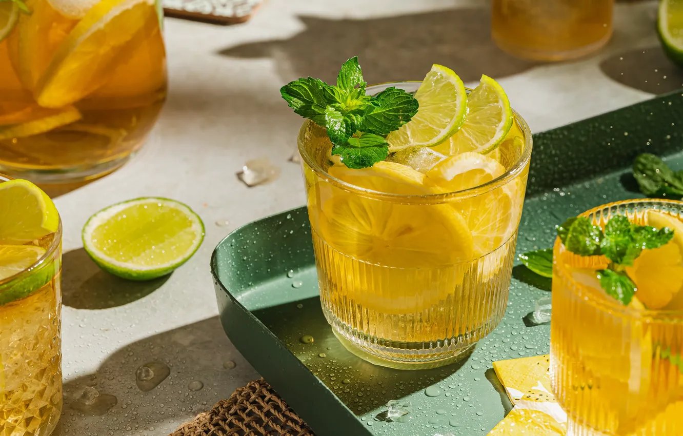 Photo wallpaper glass, lime, drink, lemonade