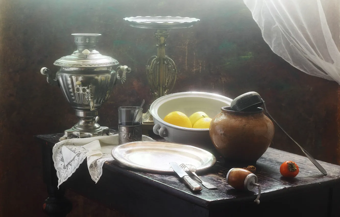 Photo wallpaper light, glass, lemon, tea, the tea party, pot, still life, samovar