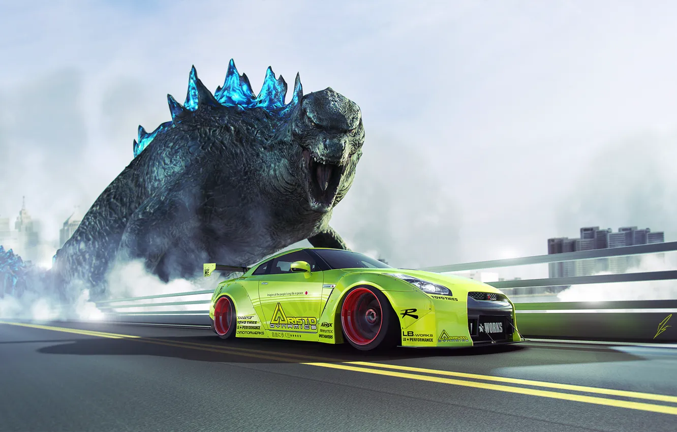 Photo wallpaper GTR, Nissan, Green, Speed, Godzilla, R35, Liberty, Walk