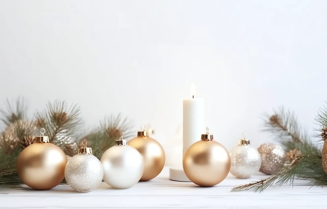 Photo wallpaper balls, branches, Board, candle, Christmas, white background, New year, white