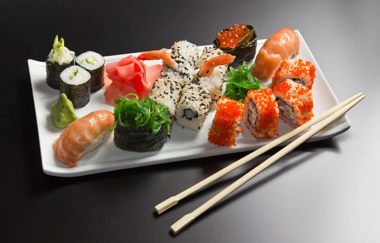 Photo wallpaper sticks, plate, sushi, rolls, seafood