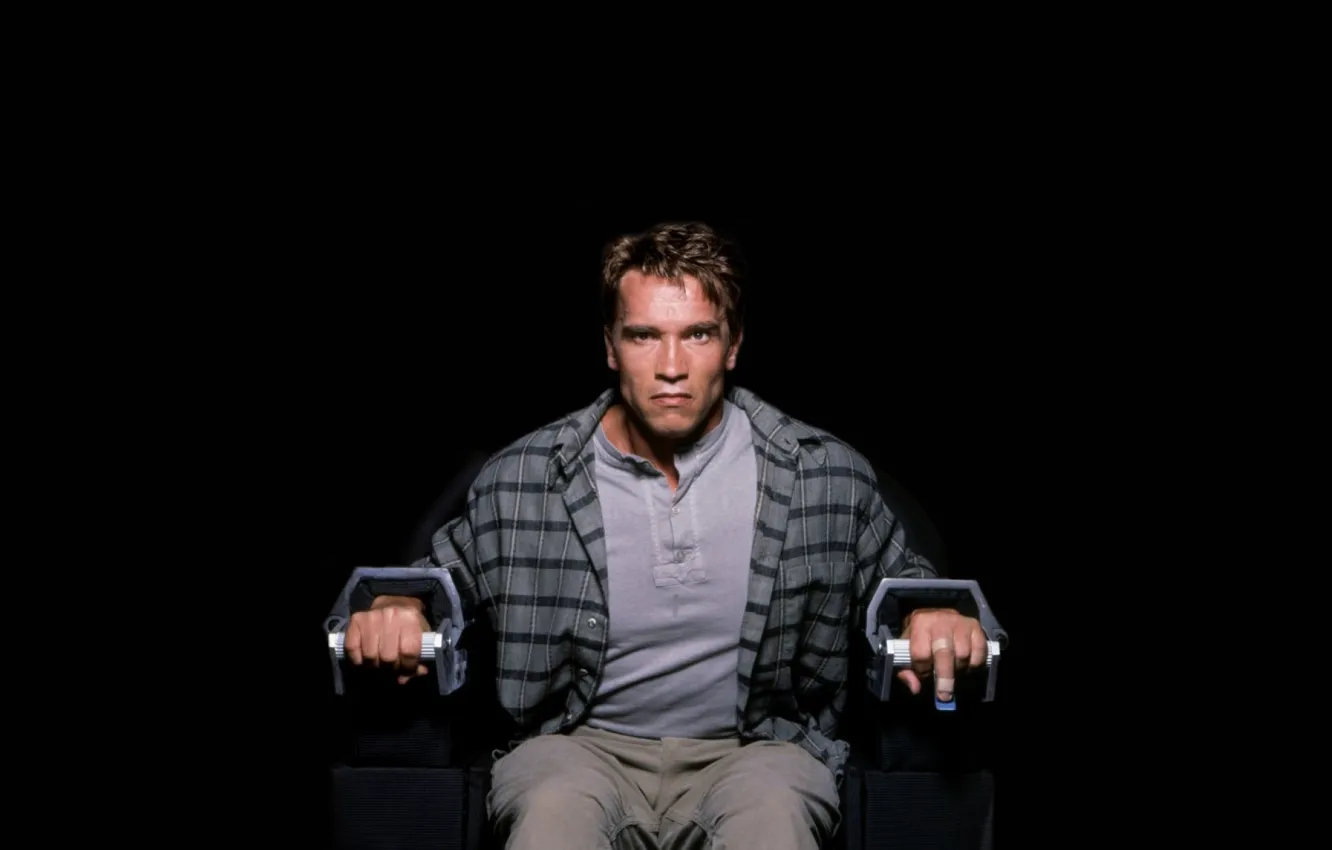 Photo wallpaper chair, evil, shirt, sitting, Arnold Schwarzenegger, Arnold Schwarzenegger, Total Recall, chained