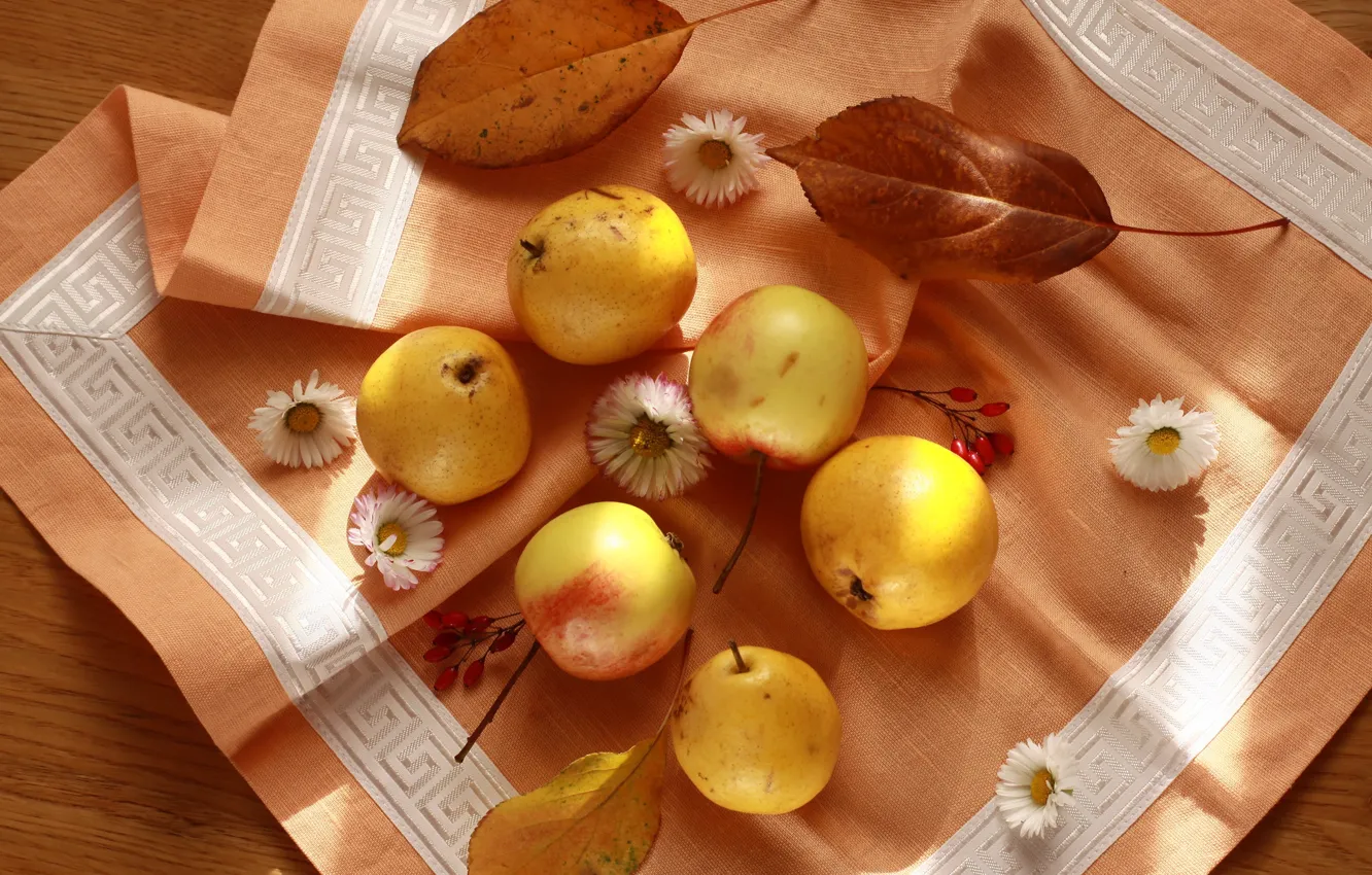 Photo wallpaper autumn, leaves, flowers, apples, fruit, still life, pear, napkin