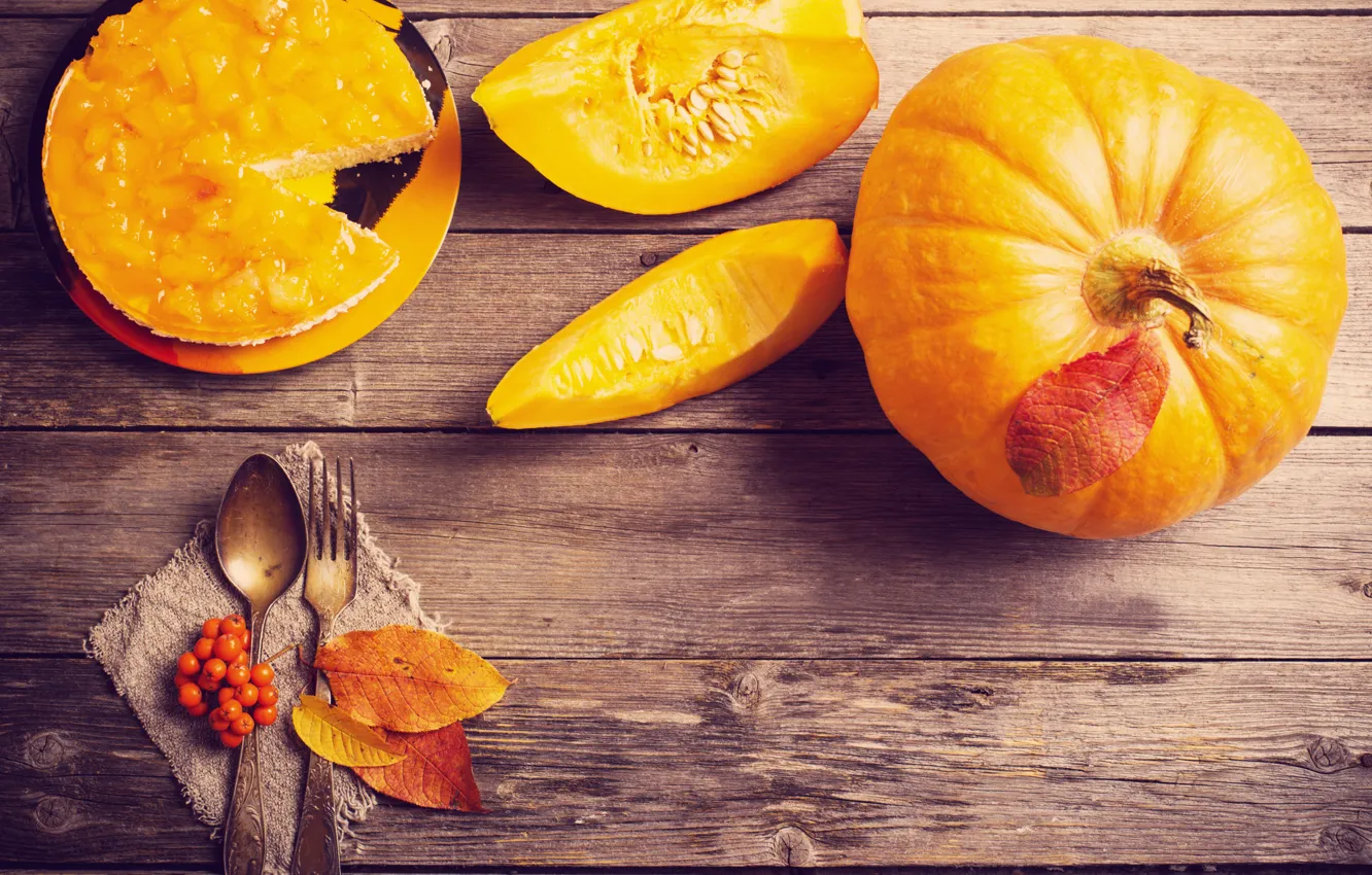 Photo wallpaper leaves, photo, pie, spoon, pumpkin, plug, piece