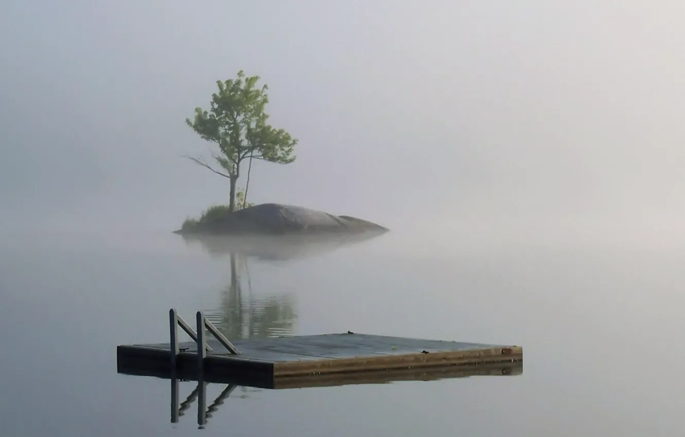 Photo wallpaper fog, lake, morning, pier