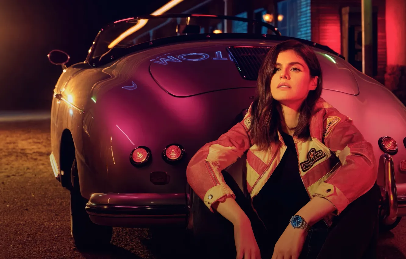 Photo wallpaper girl, actress, car, Porsche, Alexandra Daddario, Alexandra Daddario, Porsche 356