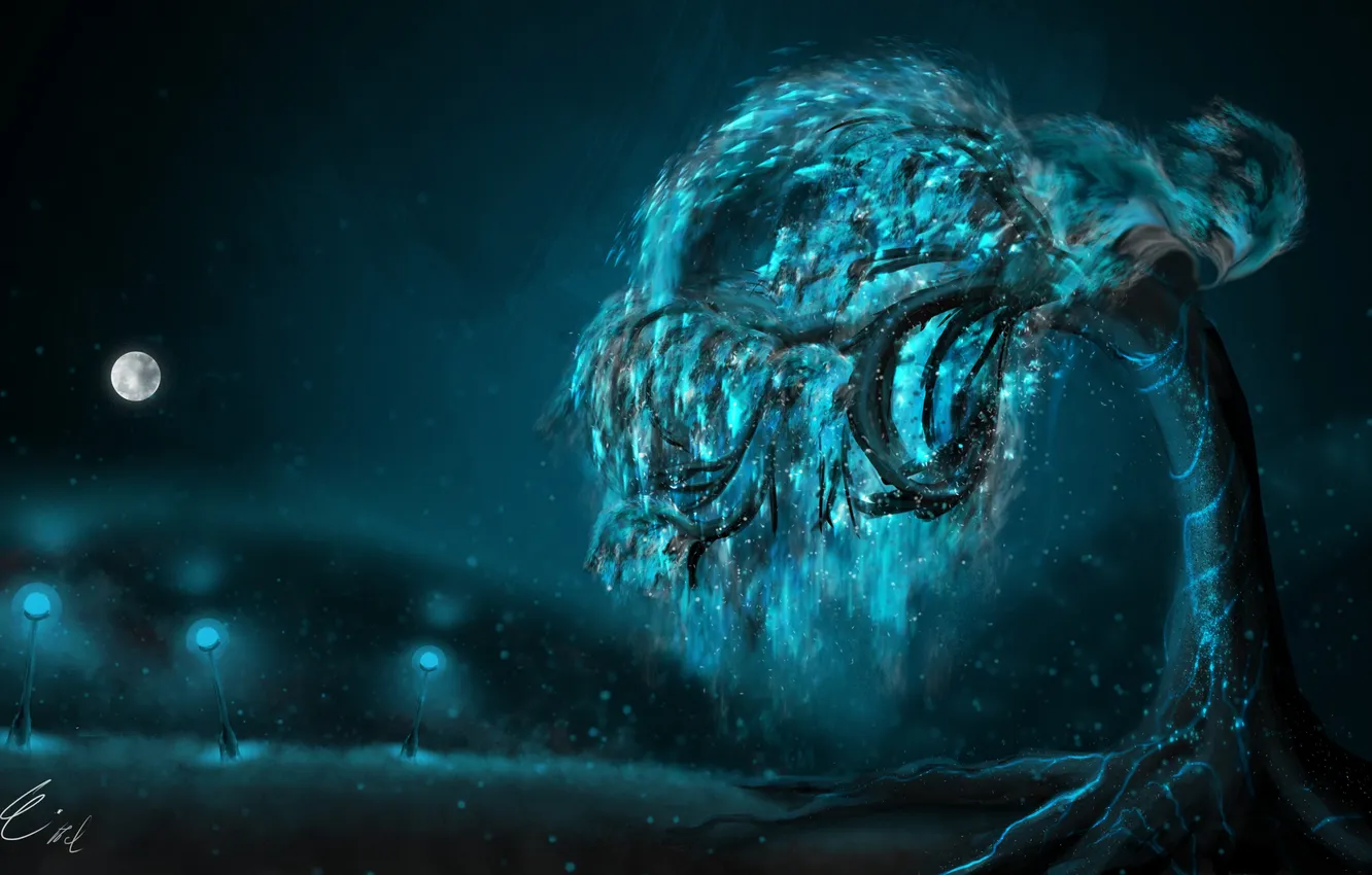 Photo wallpaper trees, night, the moon, glow, art, lights