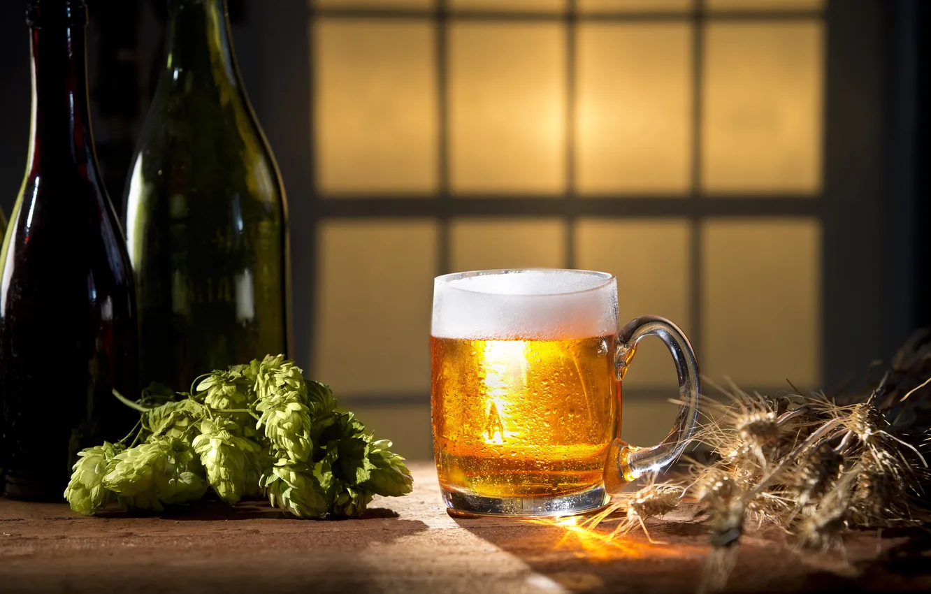 Photo wallpaper foam, bottle, beer, spikelets, mug, hops