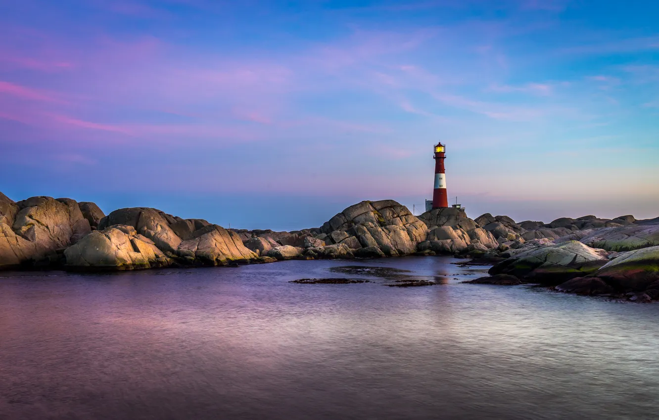Photo wallpaper sea, the sky, light, blue, reflection, stones, lighthouse, pool