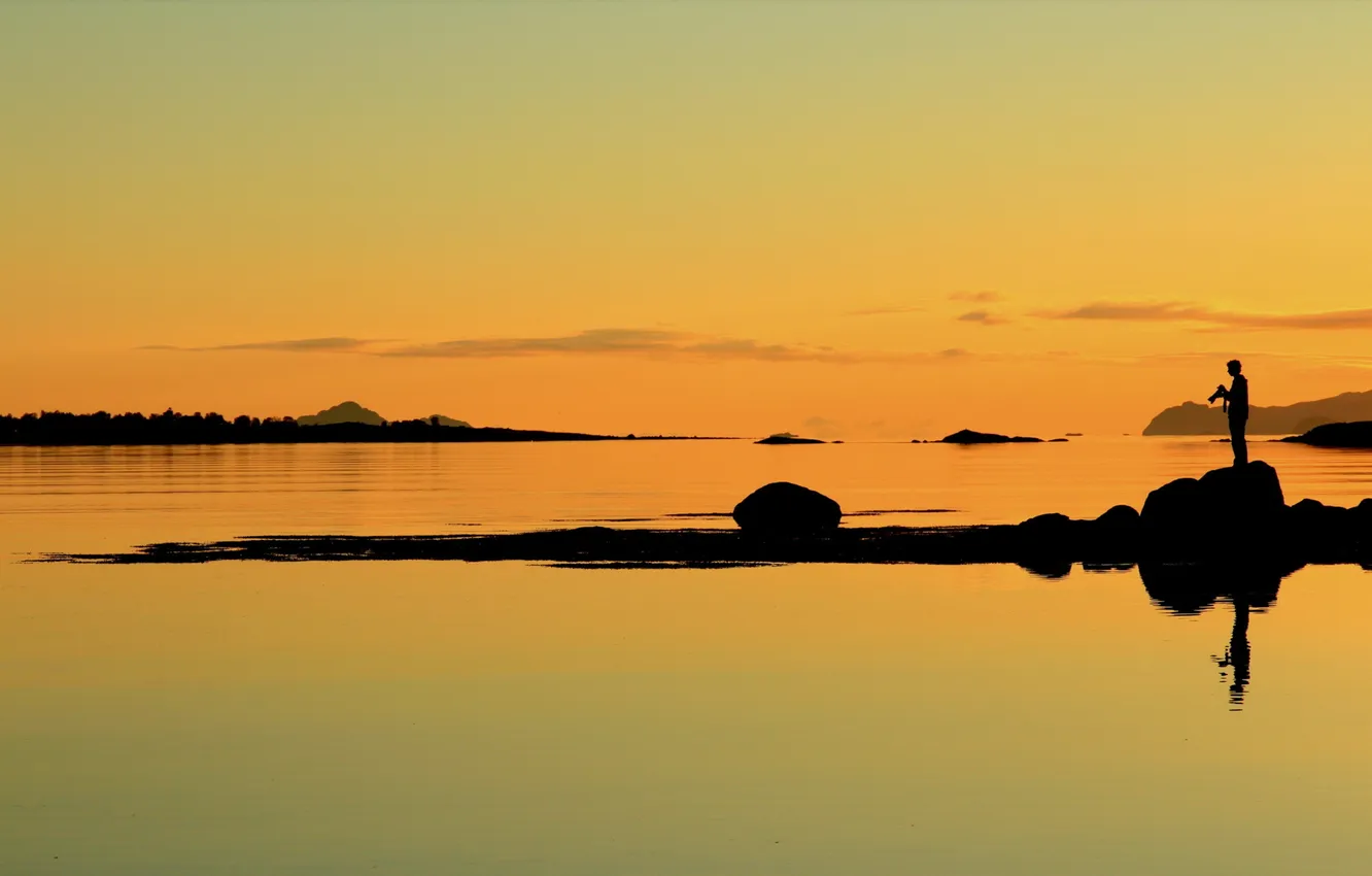 Photo wallpaper landscape, sunset, nature, lake, silhouette