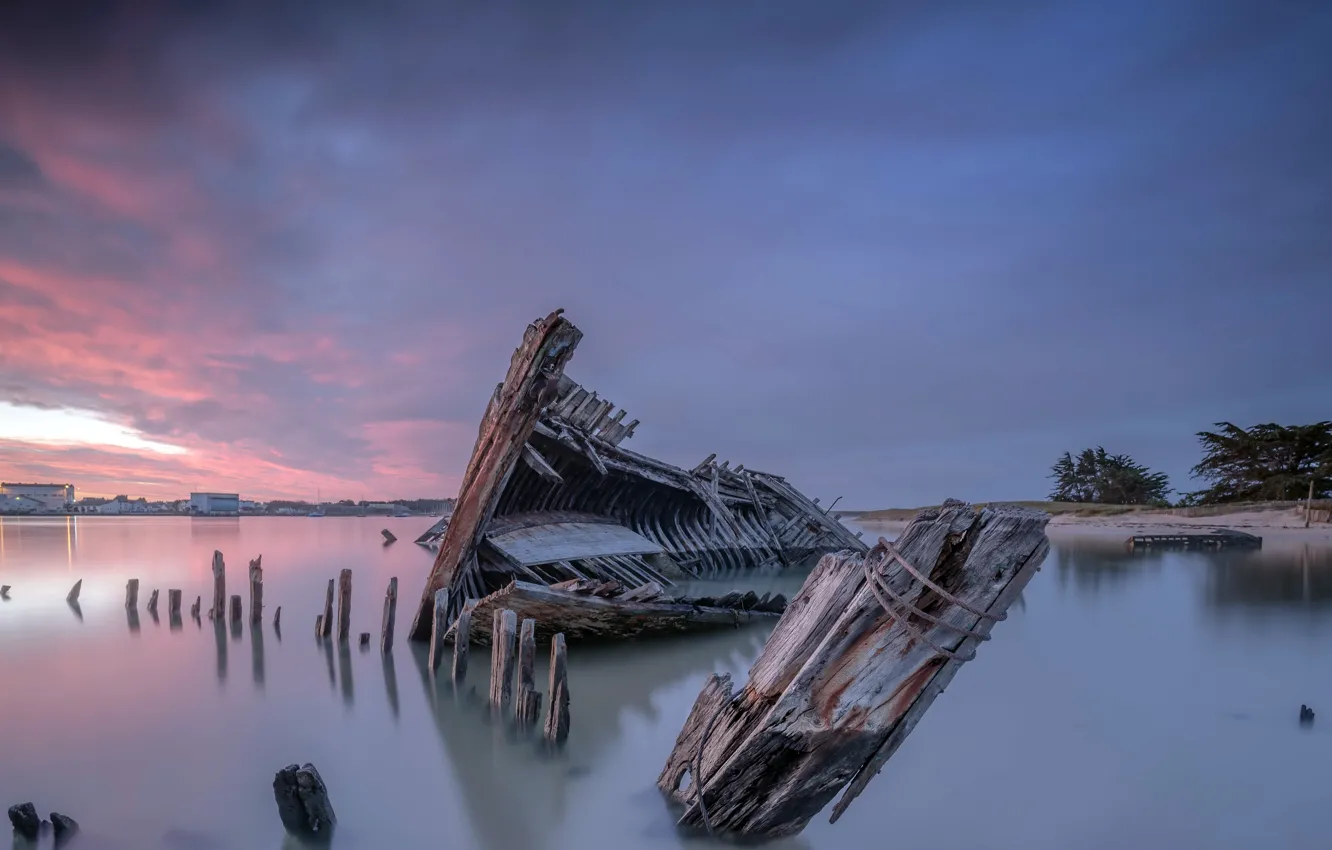 Photo wallpaper sunset, shore, ship