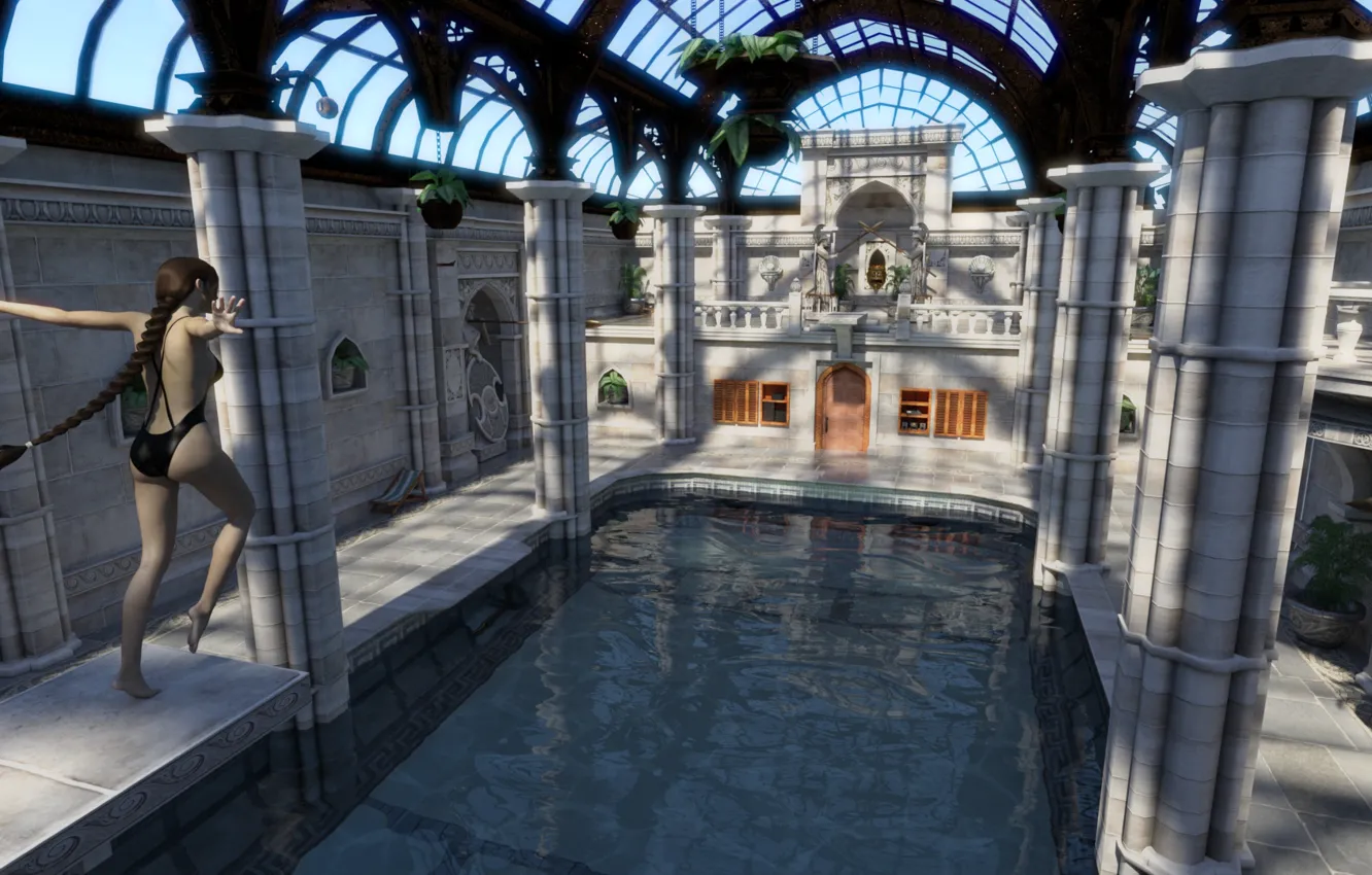 Photo wallpaper girl, pool, architecture, the dome, Croft Manor - Pool