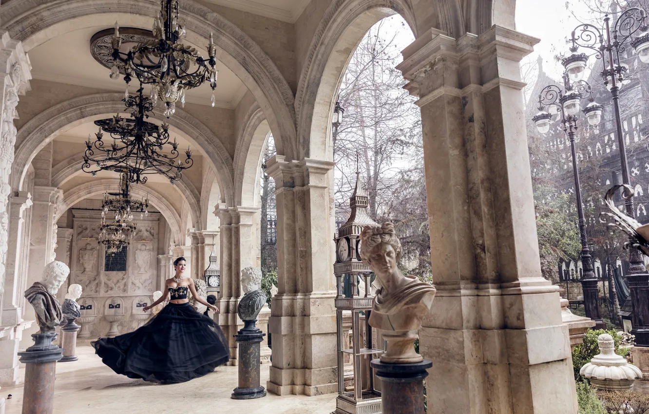 Photo wallpaper girl, dress, outfit, architecture, statues, chandeliers