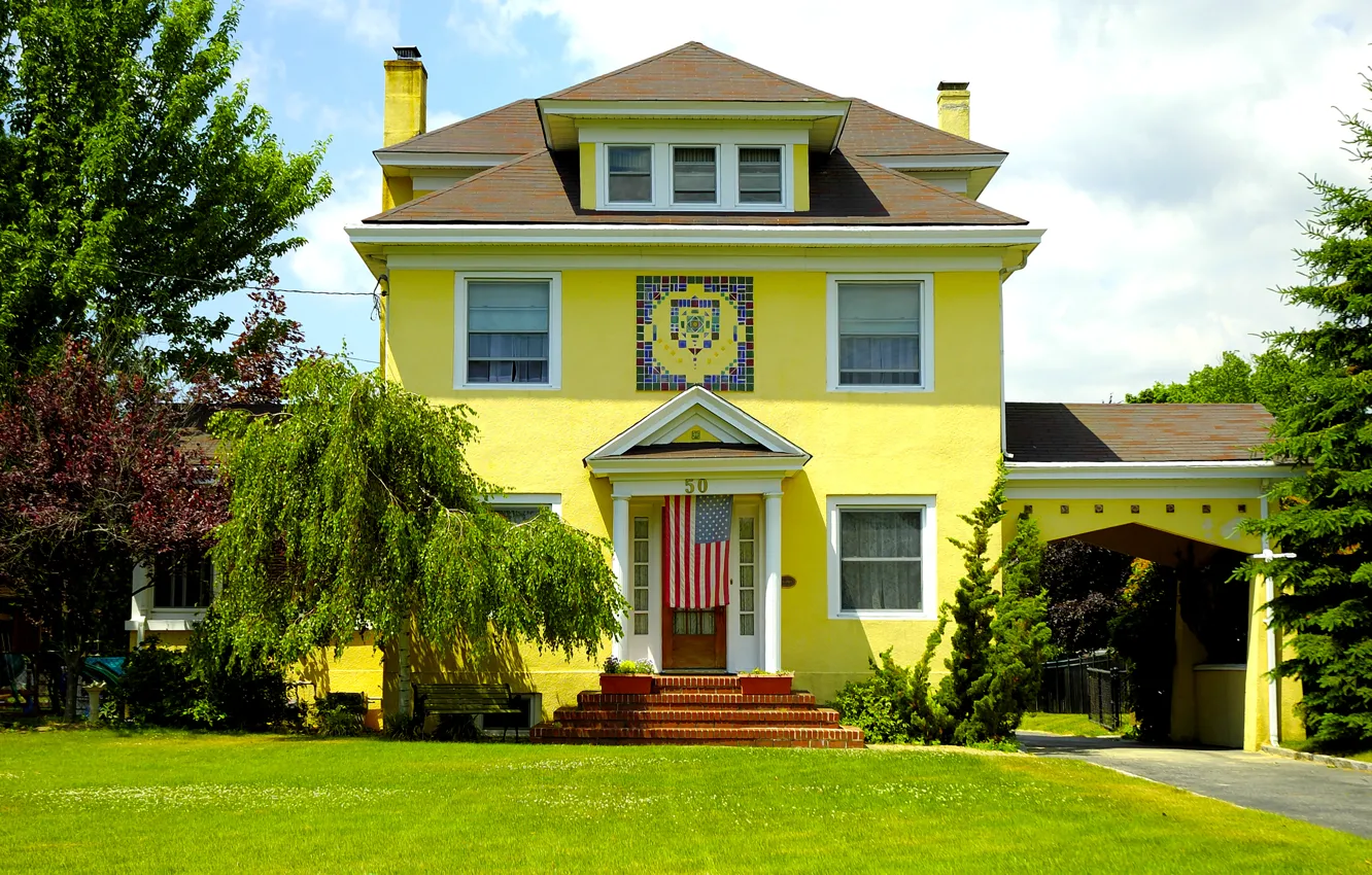 Photo wallpaper trees, design, lawn, home, mansion, porch