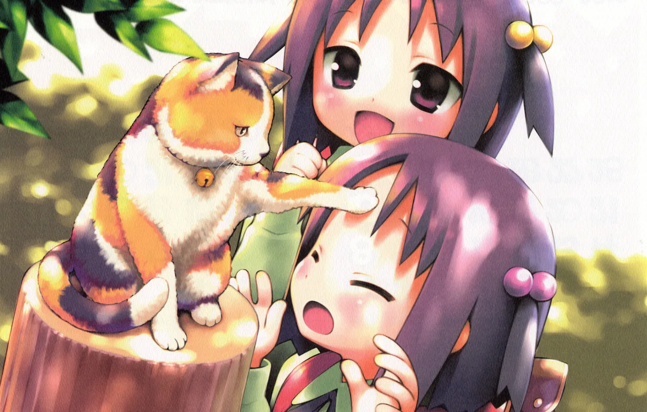 Photo wallpaper cat, two, girl, sisters, bell, motley