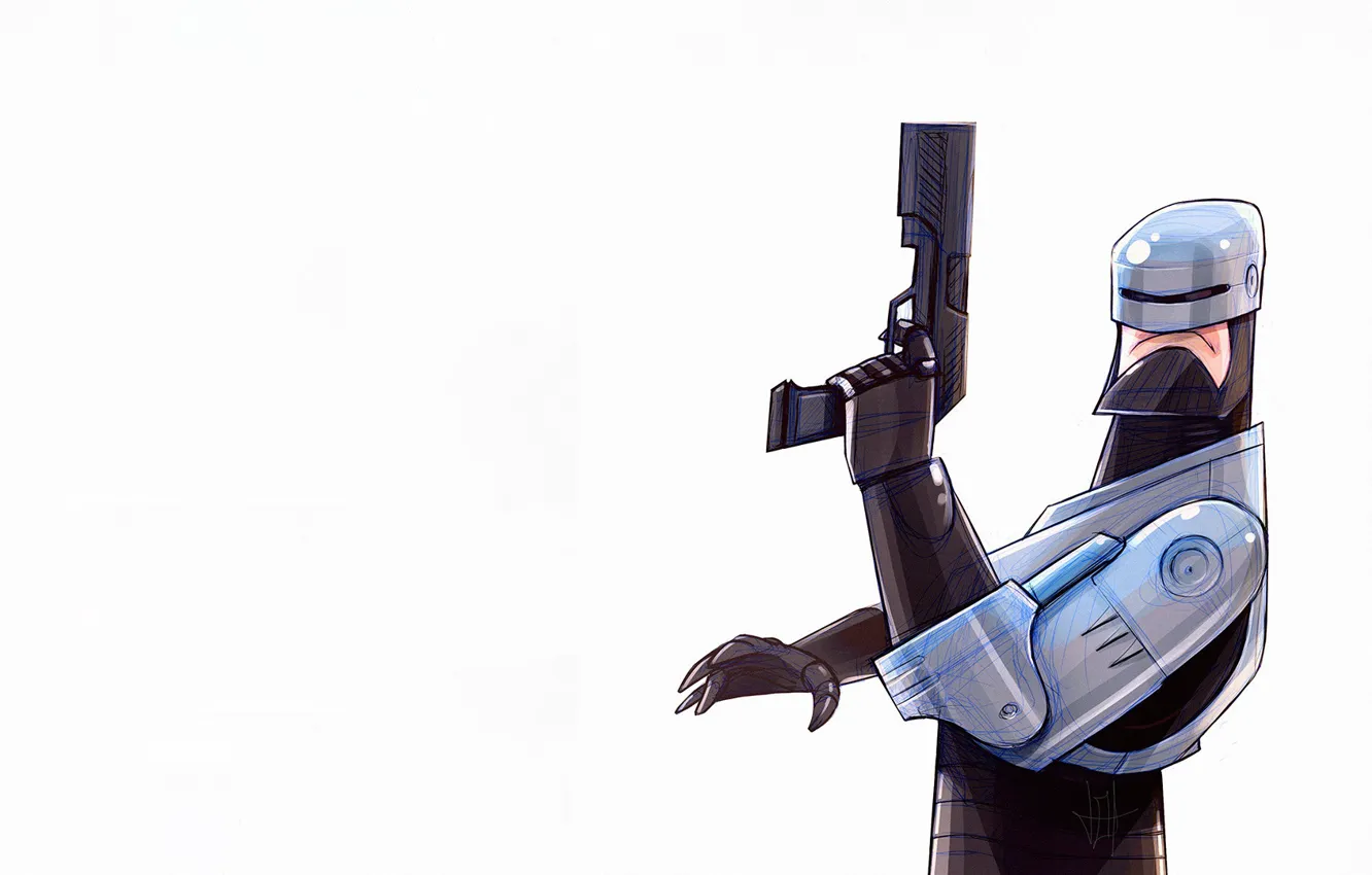 Photo wallpaper gun, background, the film, figure, robot, minimalism, art, cyborg