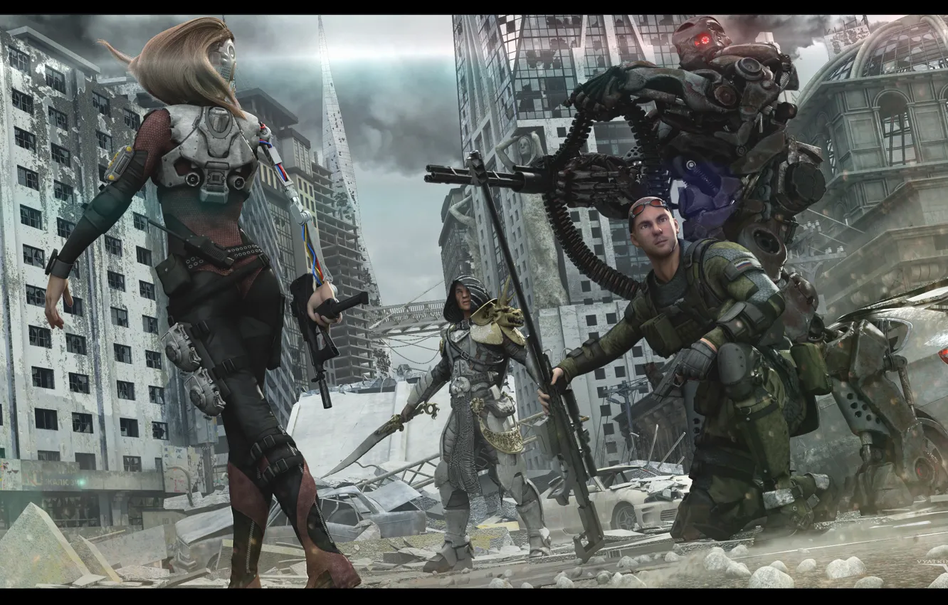 Photo wallpaper girl, the city, weapons, robot, sniper, Fiction, squad, destroyed