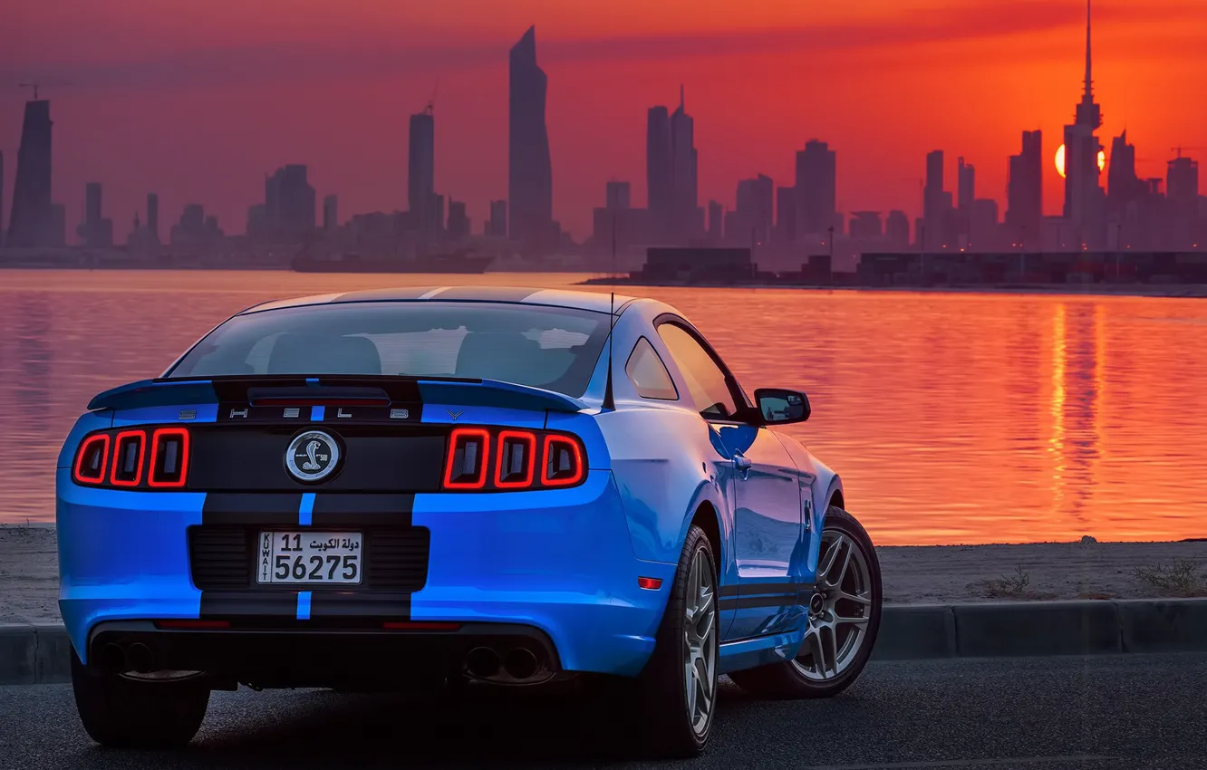 Photo wallpaper water, sunset, city, the city, mustang, ford, shelby, water