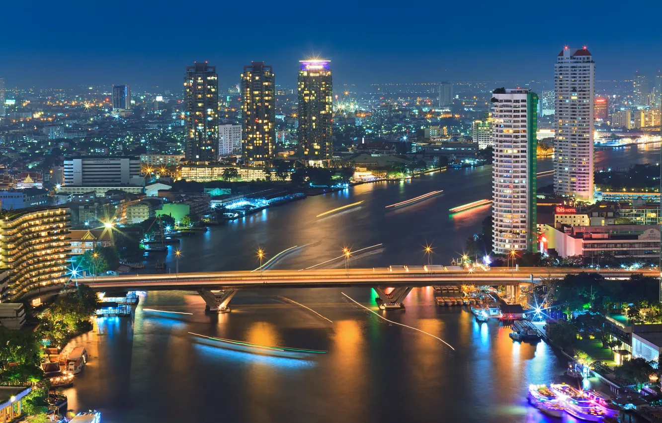 Photo wallpaper night, bridge, the city, lights, river, boat, excerpt, Thailand