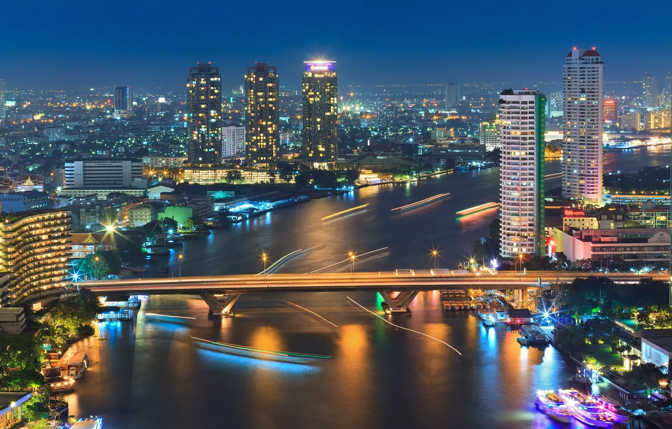 Photo wallpaper night, bridge, the city, lights, river, boats, excerpt, Thailand