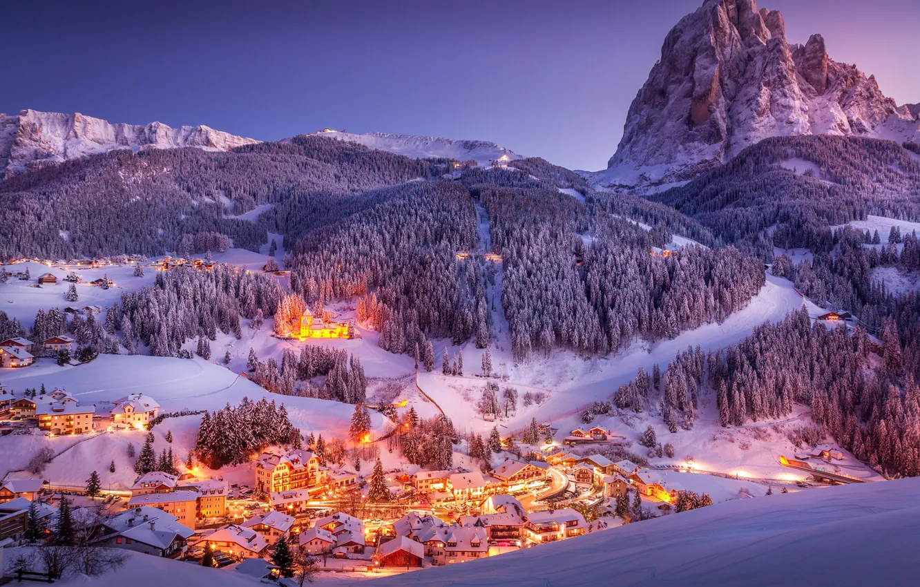 Photo wallpaper winter, light, snow, mountains, night, the evening, Alps, town