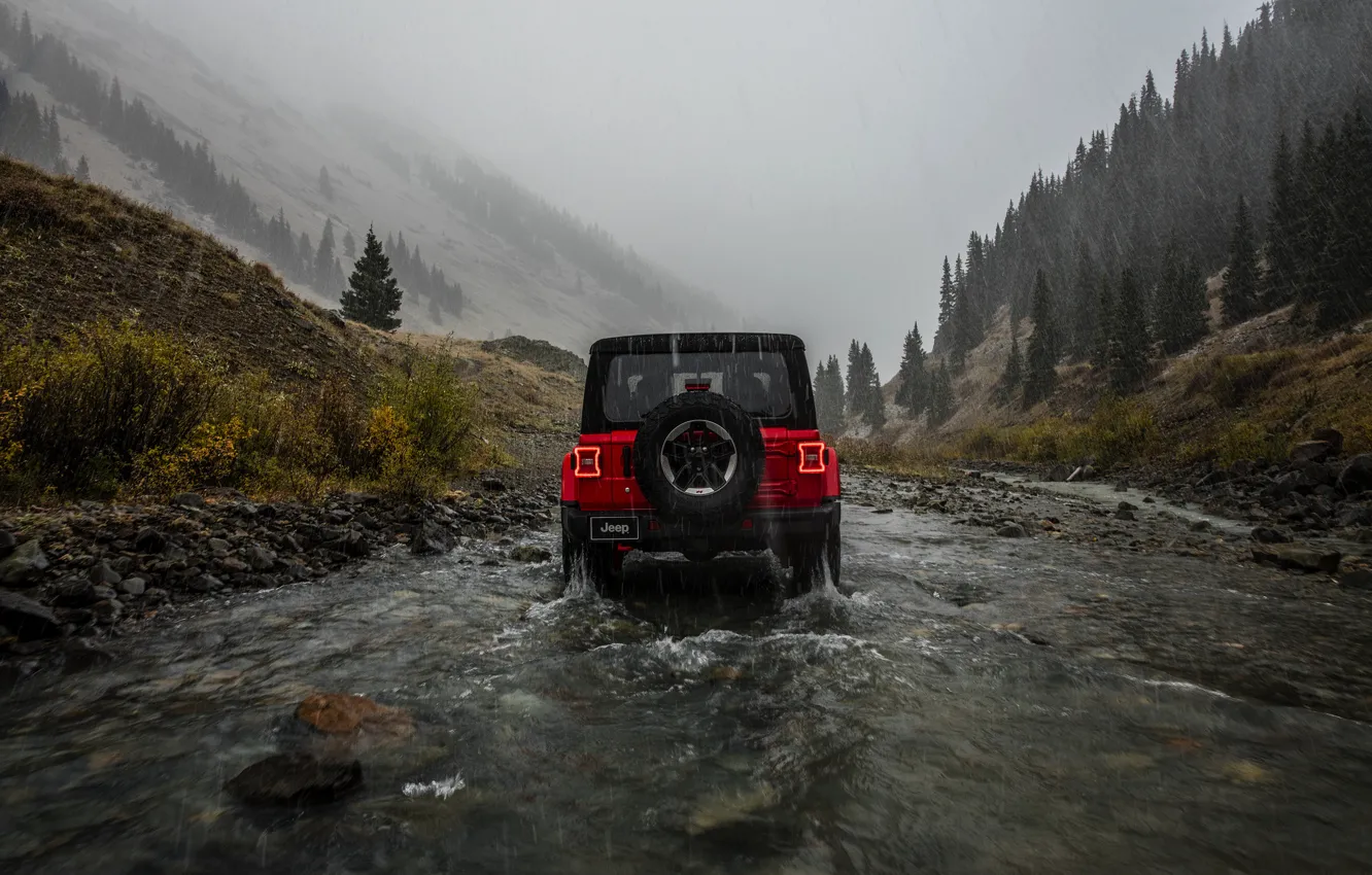 Photo wallpaper red, rain, overcast, rear view, 2018, Jeep, Wrangler Rubicon