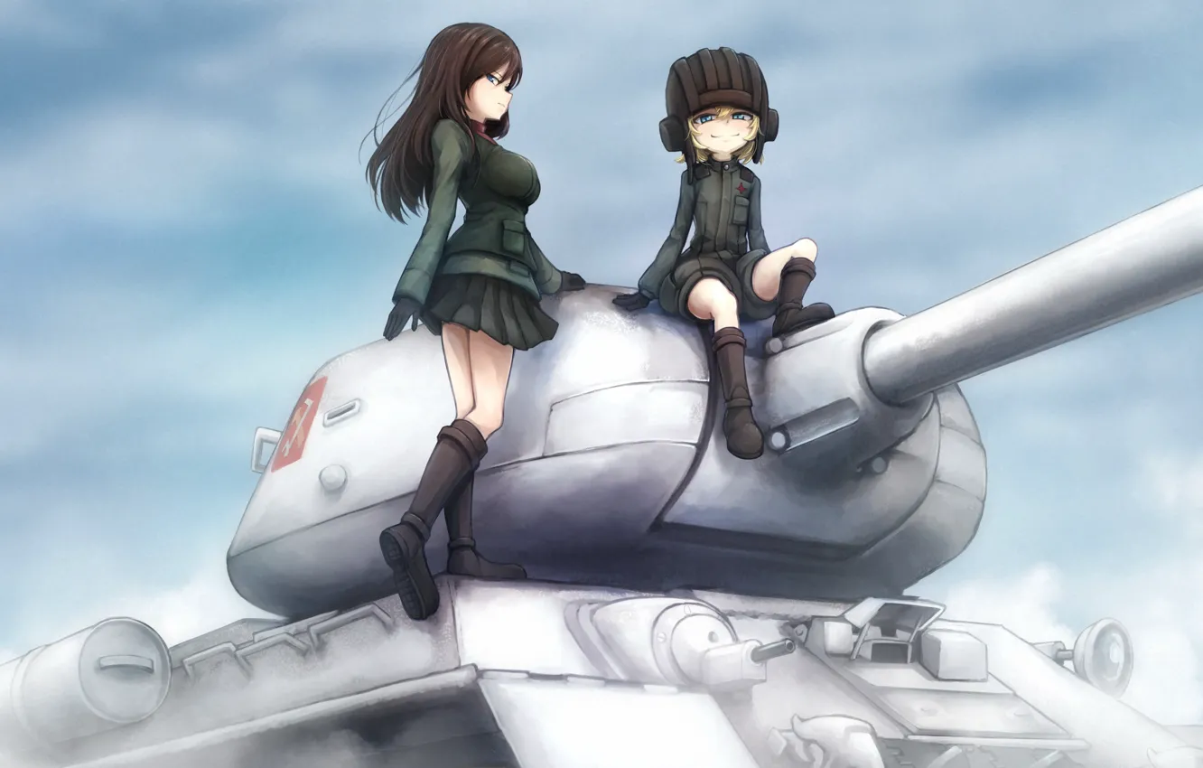 Photo wallpaper Two, Girls, Tank, Nonna, Girls and Panzer, T-34-85, Katyusha