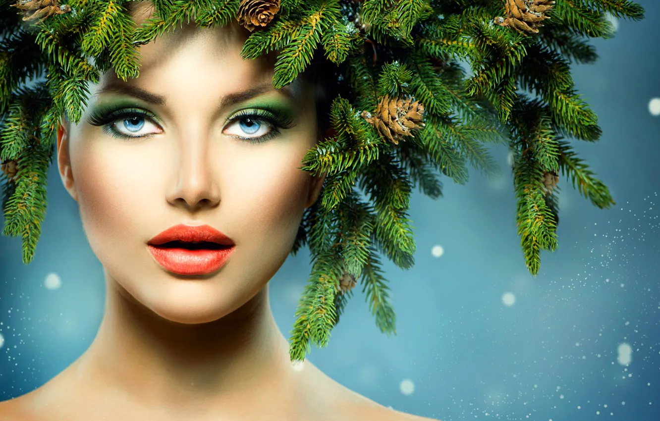 Photo wallpaper look, girl, needles, branches, face, bumps