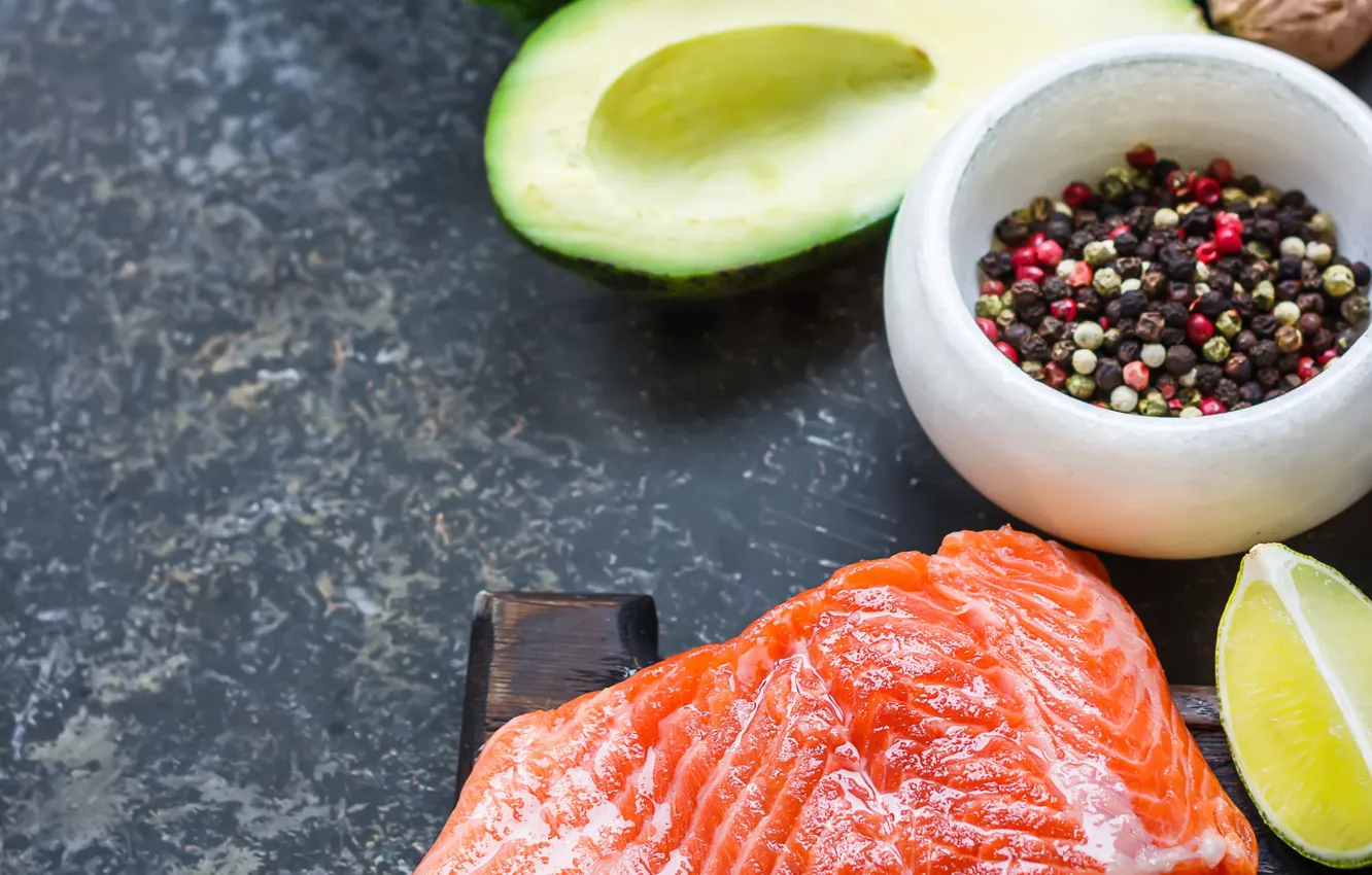 Photo wallpaper lemon, fish, pepper, avocado, salmon
