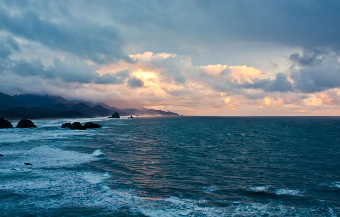 Photo wallpaper wave, the sky, water, clouds, landscape, nature, the ocean, shore