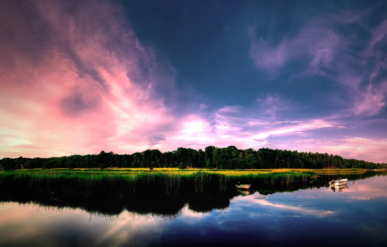 Photo wallpaper forest, clouds, lake, boat